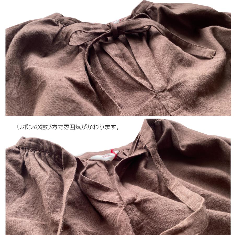 30％オフセール】YARRA（ヤラ）綿麻起毛スキッパーギャザーブラウス 