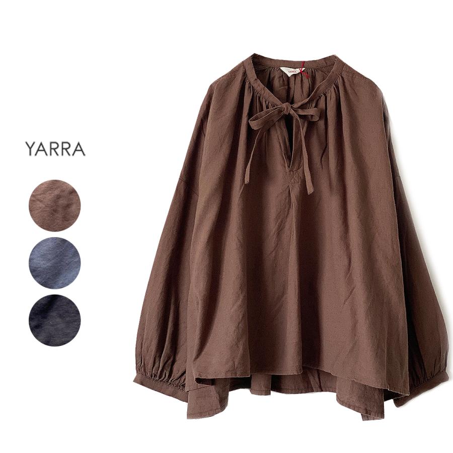 30％オフセール】YARRA（ヤラ）綿麻起毛スキッパーギャザーブラウス 