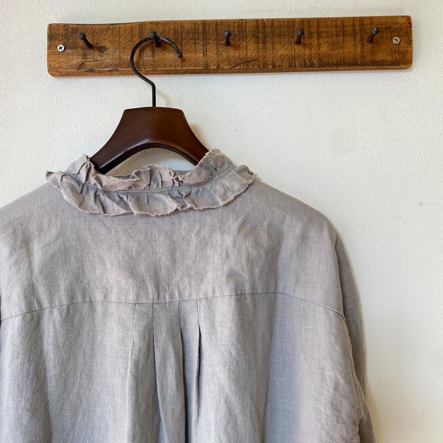 Hands of creation フリルカラーブラウス Hands of creation 40/-Linen 微起毛 フリルシャツ・ライトグレー（ナ