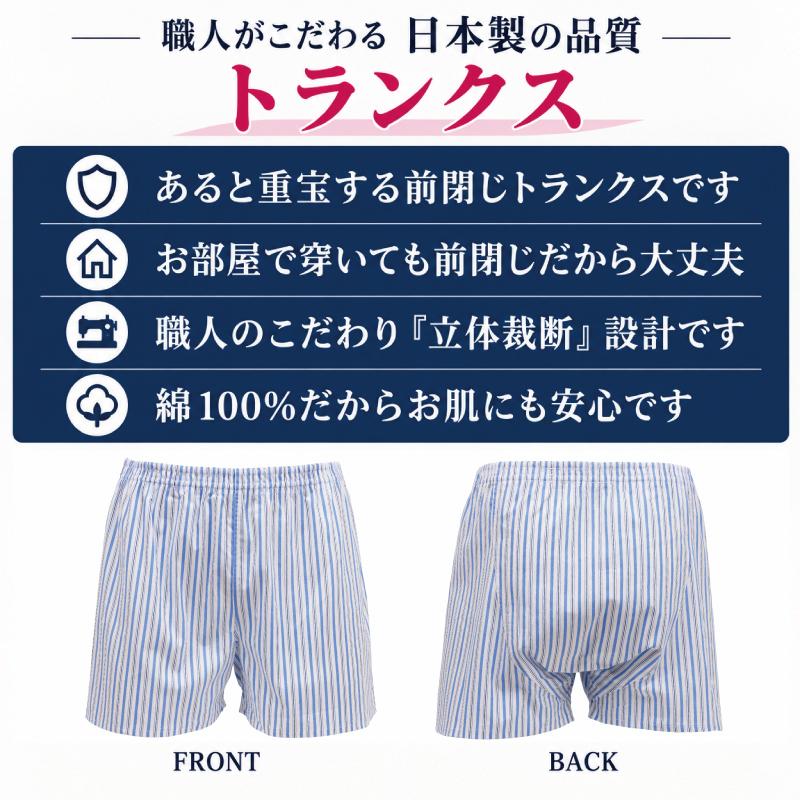 M/L/LL☆立体裁断前閉じ仕様トランクス【日本製】【ブルーストライプ柄