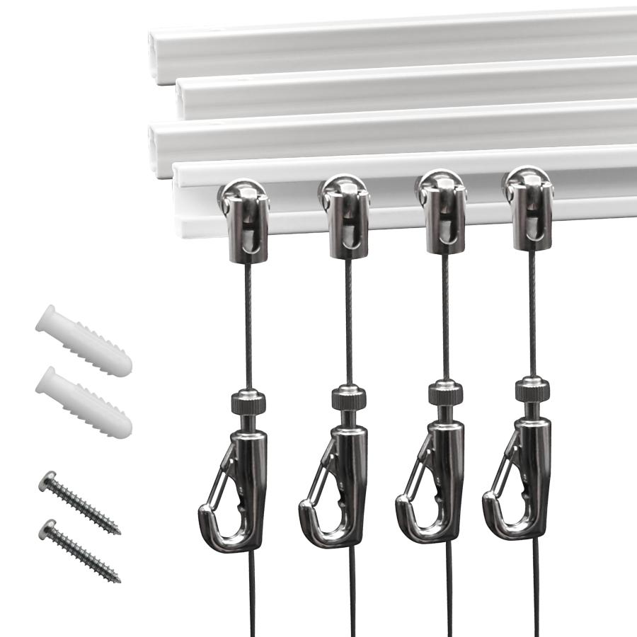 ピクチャーレール 壁掛けシステム（方形タイプ）? アート展示用レールセット（60cm×4本・2Mワイヤー付きフック×4本・取り付け金具・軌道側キャップ | 