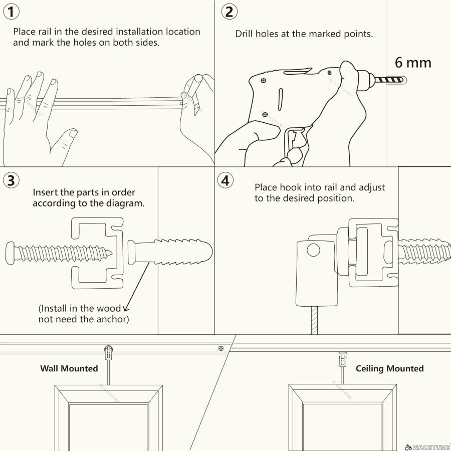 ピクチャーレール 壁掛けシステム（方形タイプ）? アート展示用レールセット（60cm×4本・2Mワイヤー付きフック×4本・取り付け金具・軌道側キャップ |  | 06