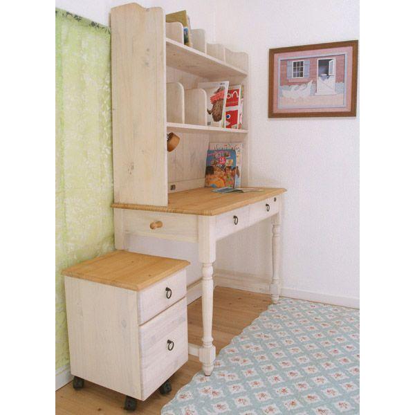 白い無垢木製フレンチカントリー学習机 パインデスクファイルチェスト