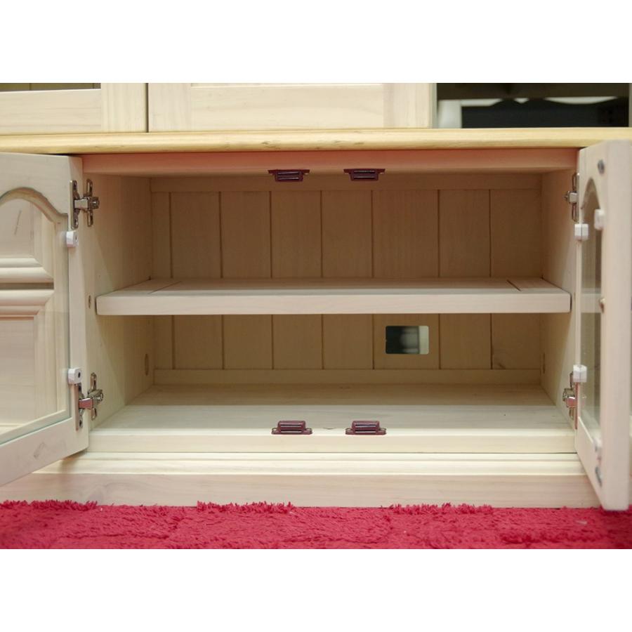 カントリー家具ホワイト木製テレビ台 ガラス扉付き 幅240cm フレンチカントリー パインテレビ台 幅広パインロー