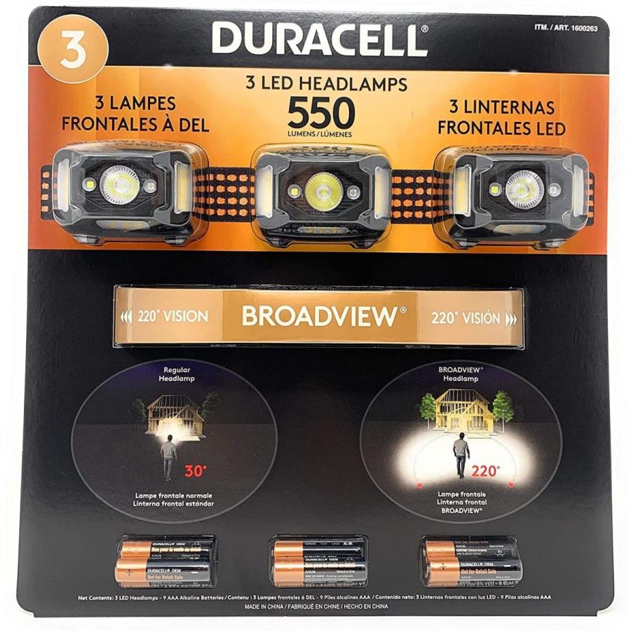素敵でユニークな DURACELL 4パターン点灯 / 550ルーメン 3個セット LEDヘッドランプ ヘッドライト、ヘッドランプ