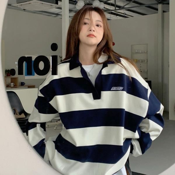 あり ポロシャツ ボーダー柄 スキッパー ロンT ロンティー 襟付き 長袖