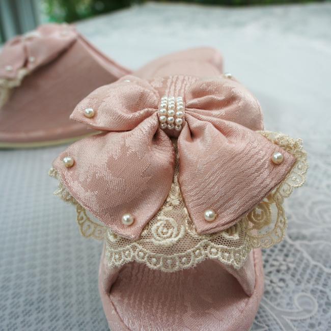 薔薇リボン付きヒールミュール 白・ピンク Mサイズ レディースリボンミュール(ふかふかインソール)【22.0～25.5cm