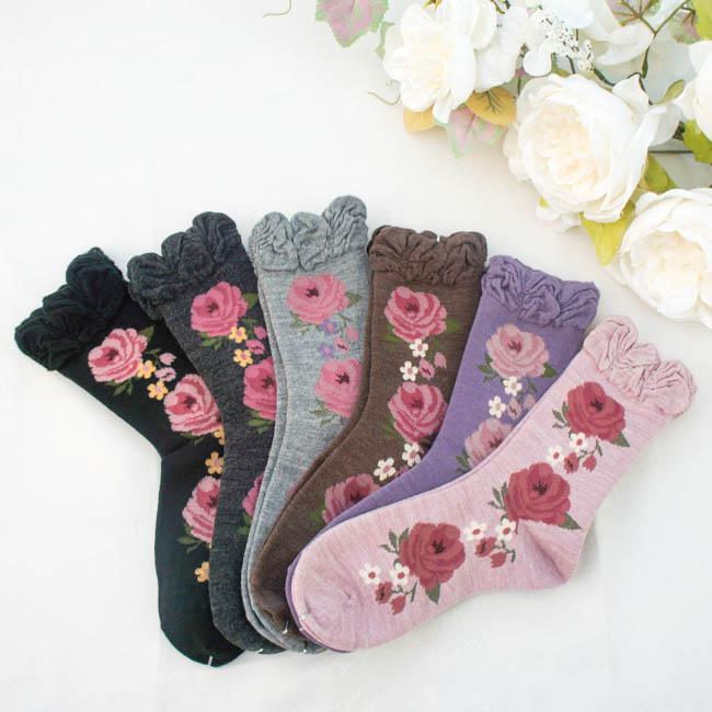 靴下 花柄 カシミヤ混大バラ ソックス 薔薇 ローズ ブラック グレー