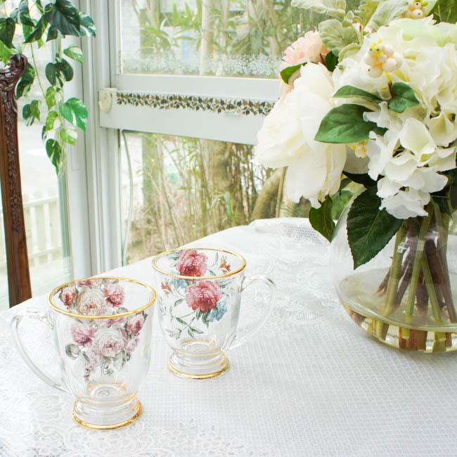 ガラス製マグカップ ローズブーケ 花柄 エレガント クラシック