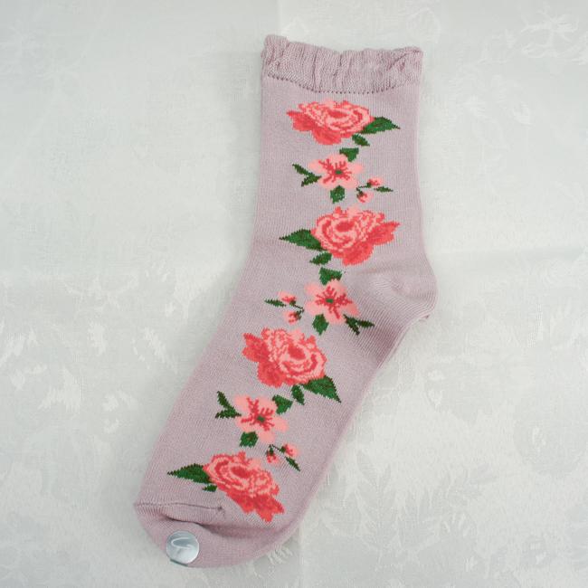 靴下 大輪ローズ柄 クルーソックス レディース 日本製 薔薇