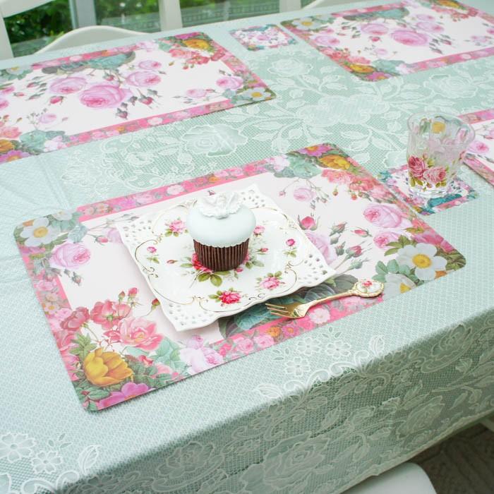 ランチョンマット セット 4枚 コースター おしゃれ ローズ 薔薇 ピンク