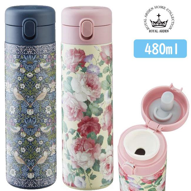 森伊蔵バラの花柄 四角形ボトル ワンタッチボトル水筒 480ml ステンレス製携帯まほうびん バード