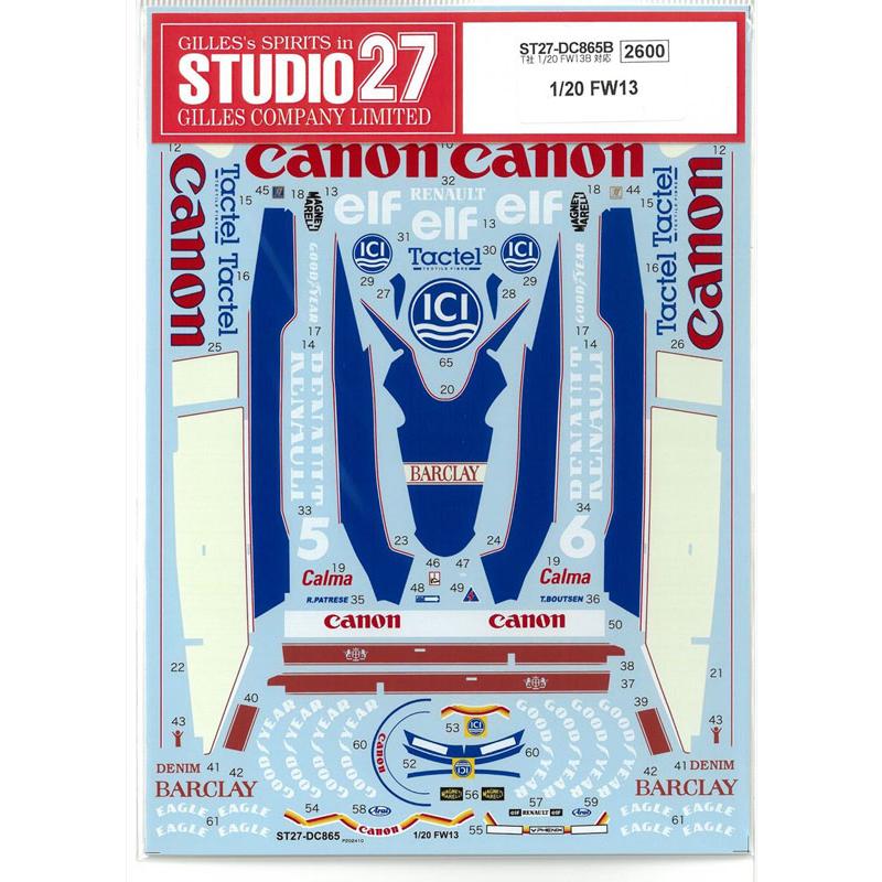 1/20 ウィリアムズ FW13 T社 1/20 FW13B対応 スタジオ27デカール