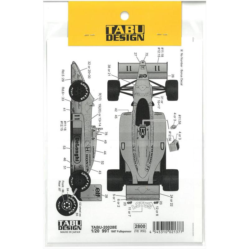 1/20 ロータス 99T 1987 ホンダ フルスポンサーデカール T社1/20対応