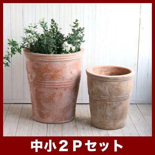 テラコッタ 2点セット 大型テラコッタ製円筒形植木鉢＋キャスター付き