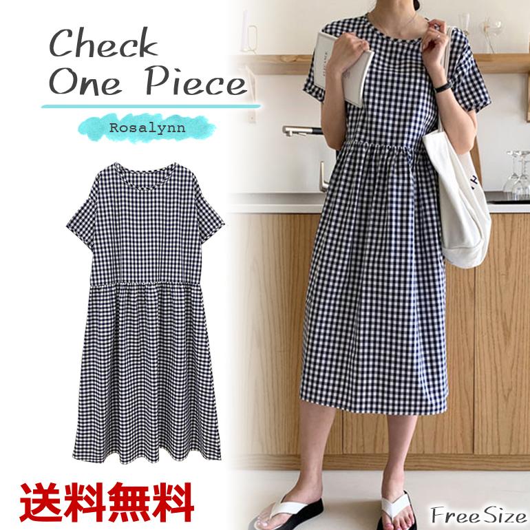 チェックワンピース ワンピース 半袖 すね丈 レディース 夏服 韓国 