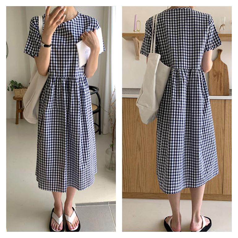 チェックワンピース ワンピース 半袖 すね丈 レディース 夏服 韓国