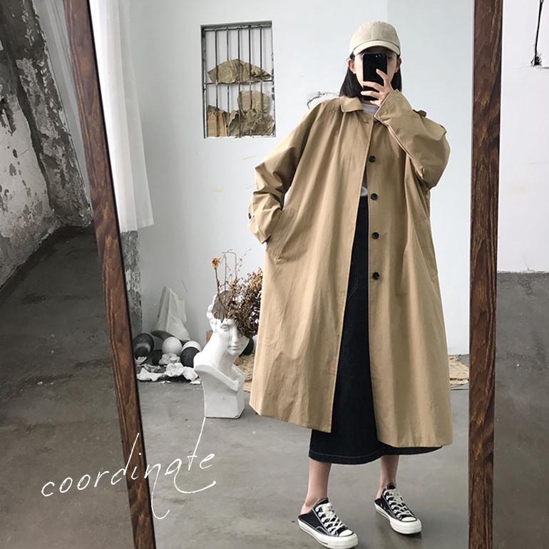 ステンカラーコート 長袖 ミドル丈 ビッグシルエット Aライン