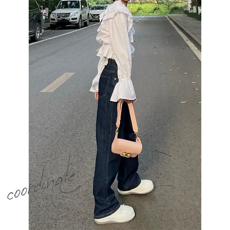 パンツ デニム ジーンズ ワイドレッグパンツ ボトムス ロング丈 ハイウエスト ストレート 秋 おしゃれ ゆったり 脚長効果 ダークブルー 送料無料 | ブランド登録なし | 07