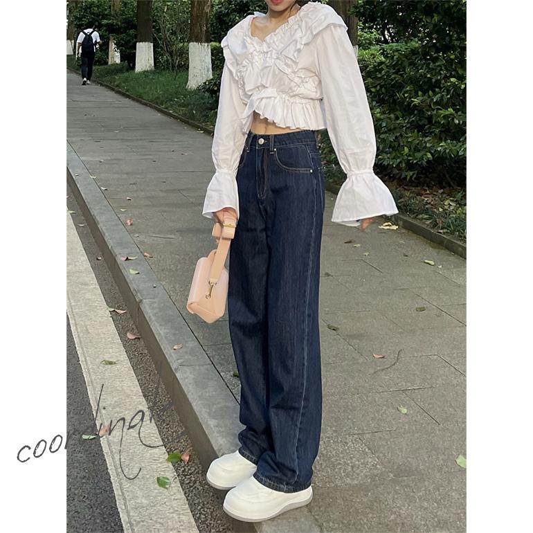 パンツ デニム ジーンズ ワイドレッグパンツ ボトムス ロング丈 ハイウエスト ストレート 秋 おしゃれ ゆったり 脚長効果 ダークブルー 送料無料 | ブランド登録なし | 08