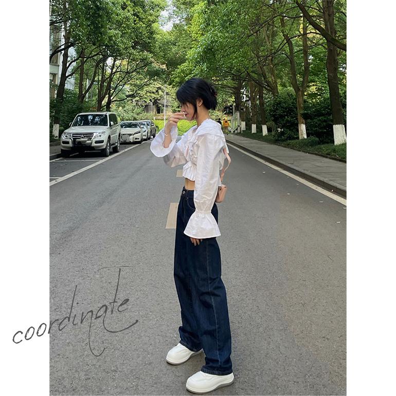 パンツ デニム ジーンズ ワイドレッグパンツ ボトムス ロング丈 ハイウエスト ストレート 秋 おしゃれ ゆったり 脚長効果 ダークブルー 送料無料 | ブランド登録なし | 09