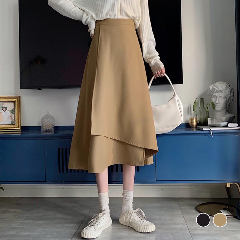 ハイウエストスカート ミドル丈 Aライン 無地 シンプル ラップスカート  