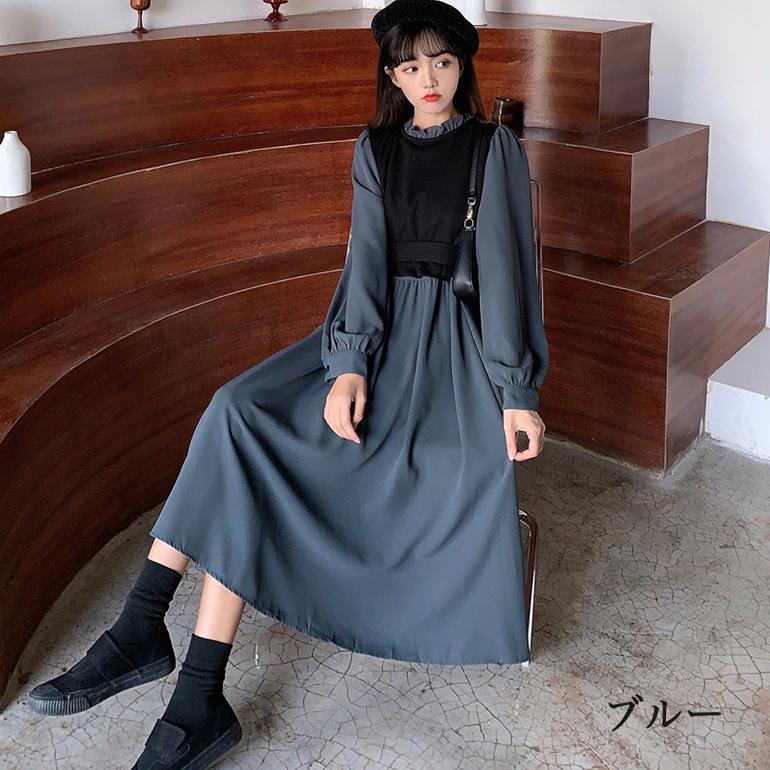 フェイクレイヤードワンピース フロントリボン ウエストリボン フリル