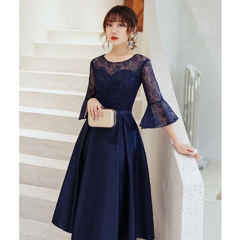 ネイビー レース パーティードレス 7分袖　ハレモード 楽天市場】結婚式 パーティードレス 総レースフィッシュテールドレス