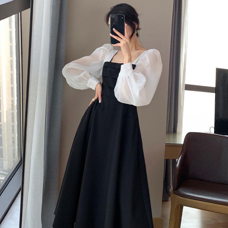 シースルー袖 黒 レディース 春 秋 ロングスカート ステッチドレス ヘップバーン風 長袖 ワンピース パーティドレス シンプルドレス 送料無料 Ds271 Baris 通販 Yahoo ショッピング