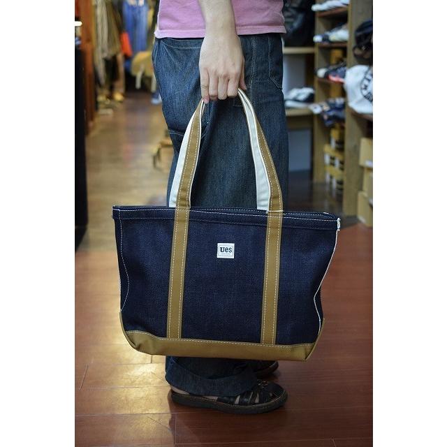 ウエス UES 811656 ジップトップ トートバッグ デニム×ブラウン 