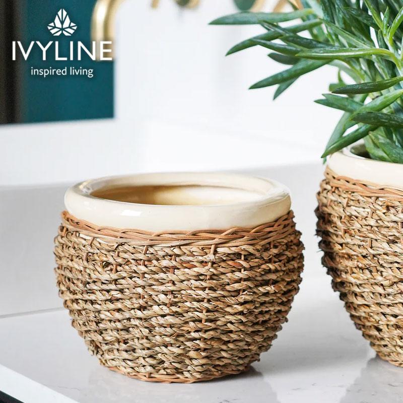 観葉植物　鉢カバー　New Egg Pot IVYLINE シーグラス ポットカバー ナチュラル 直径23cm 鉢 カバー 陶器