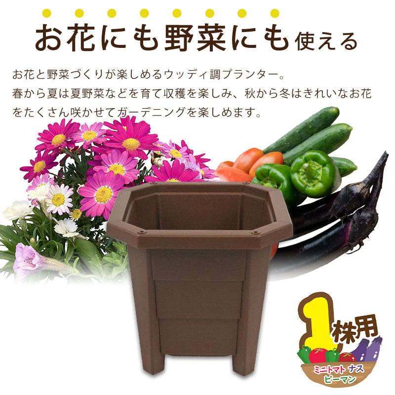 花と野菜のプランター スクエアー30cm ブラウン 支柱サポート