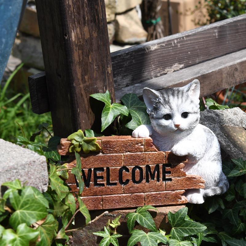 ガーデンオーナメント ウェルカム キャット サバ白 子猫 置物