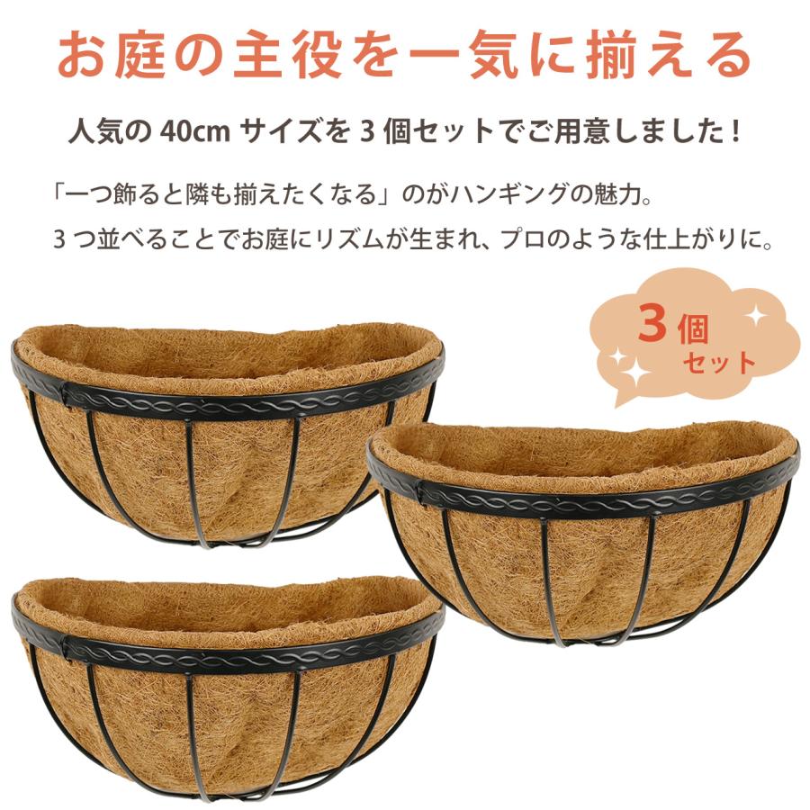 ハンギングバスケット 40cm 3個セット ヤシマット付き 壁掛け 半円