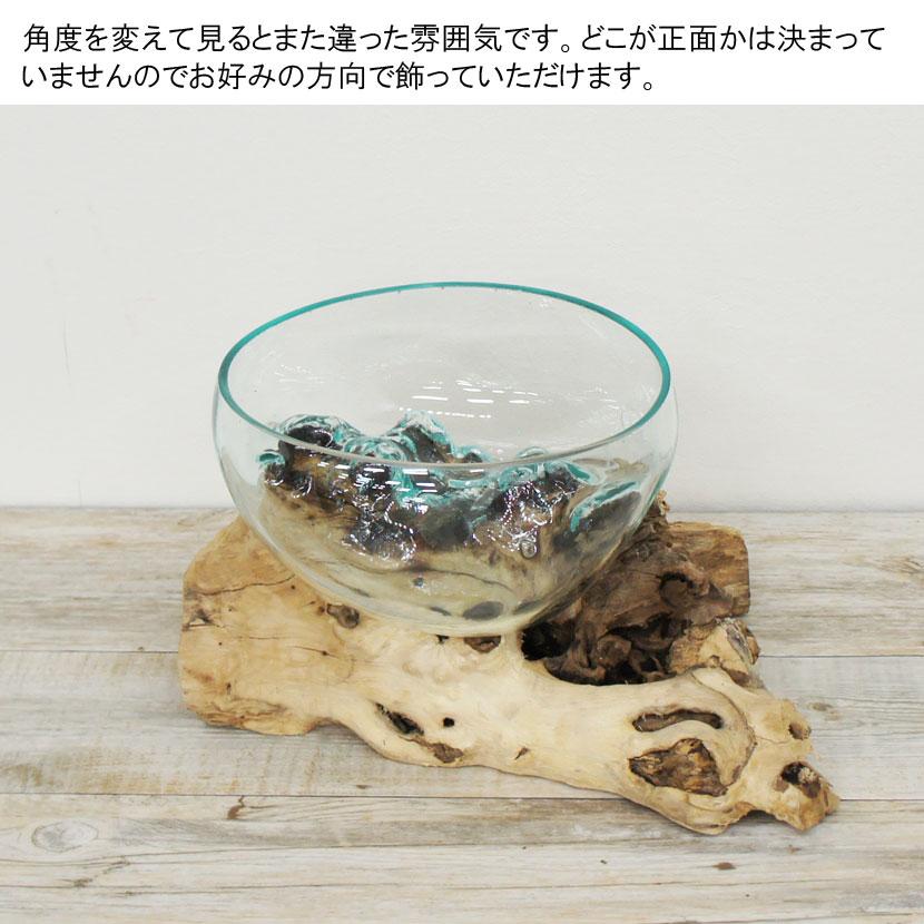 バリガラス 水鉢 バリガラス雑貨 バリ雑貨花瓶 バリ雑貨オブジェ アジアン雑貨オブジェ バリ雑貨飾り アジアン雑貨飾り バリ雑貨置物 置物 天然木 流木 H20cmの画像