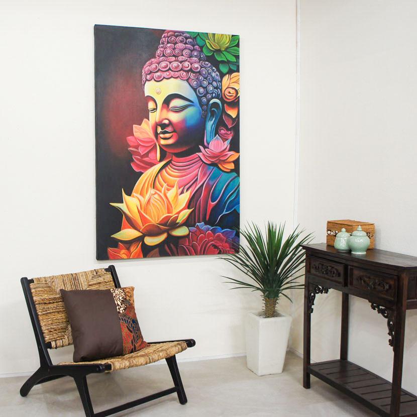 バリ絵画 バリ雑貨絵画 アジアン絵画 バリ雑貨壁飾り アジアン壁掛け バリアート 絵画 インテリアアート アートパネル アジアンインテリア ブッダ 150×100cmの画像