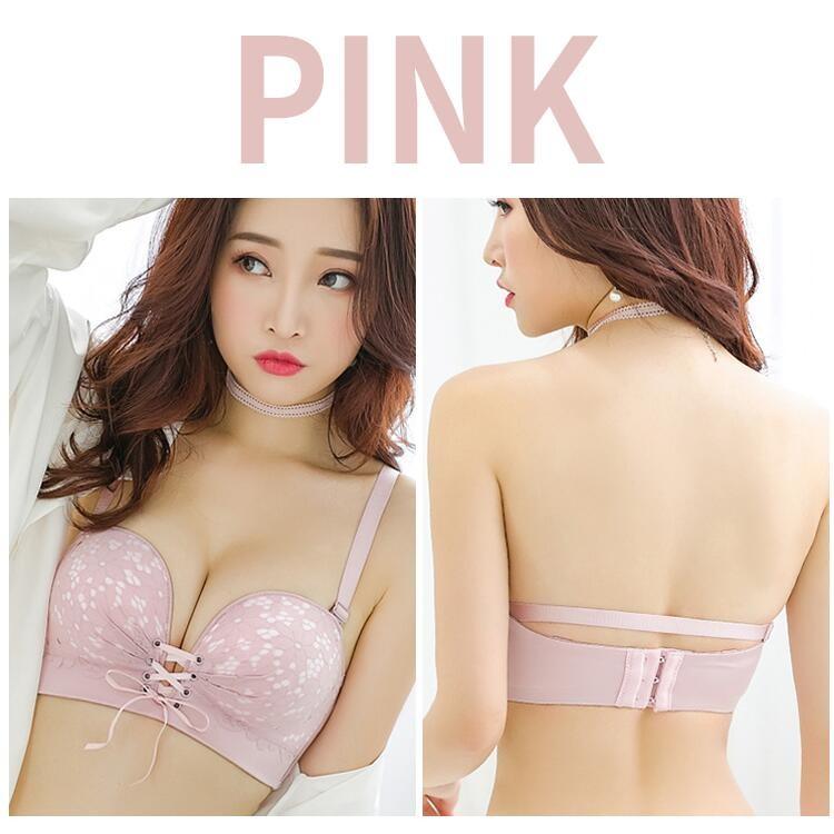 ストラップレスブラ 盛れる ブラジャー ノンワイヤー 肩紐なし 盛り レース 育乳 谷間 脇高 ピンク ワイヤーなし 極厚 内蔵パッド |  | 13
