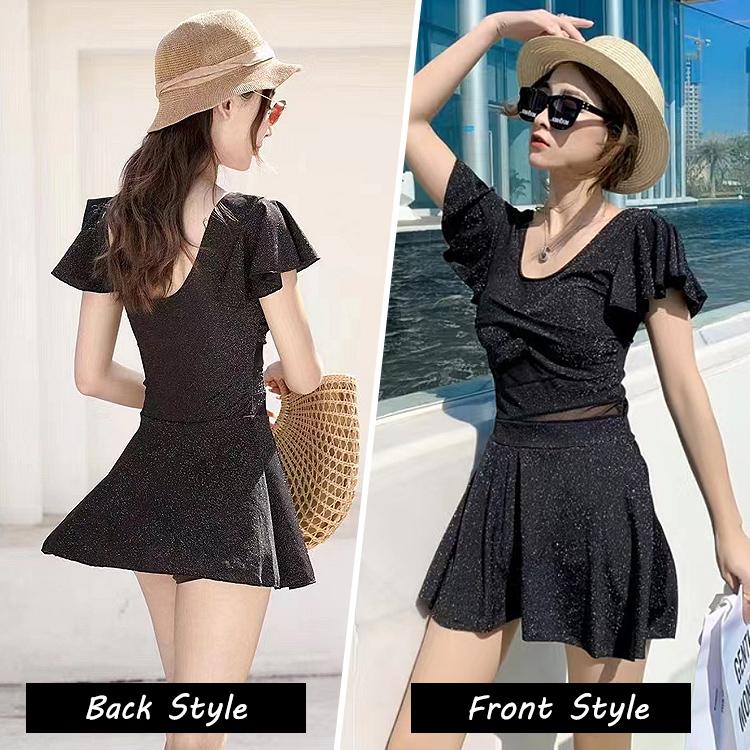 水着 レディース 体型カバー ワンピース 可愛い 女の子 女性 大人 体型 おしゃれ オールインワン フリル フレアスカート 無地 シンプル エレガント |  | 09