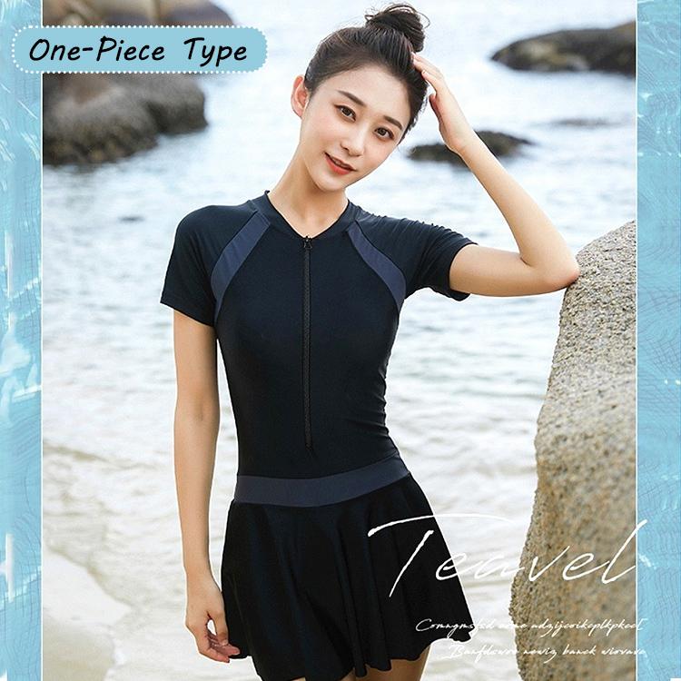 水着 レディース 体型カバー ワンピース ブラック 可愛い 女の子 女性 大人 体型 おしゃれ オールインワン フリル フレアスカート 無地 シンプル エレガント |  | 01