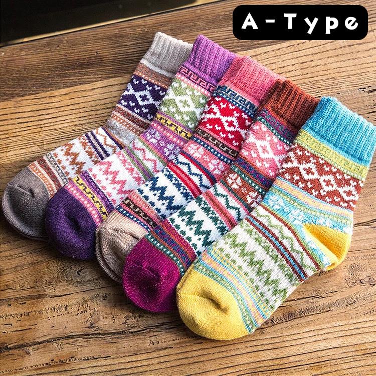 【在庫処分市】 靴下 レディース 暖かい ソックス  カラフルソックス 【5足セット】防寒 カラフル おしゃれ ボーダー スクエア チェック 冷え性対策 |  | 12