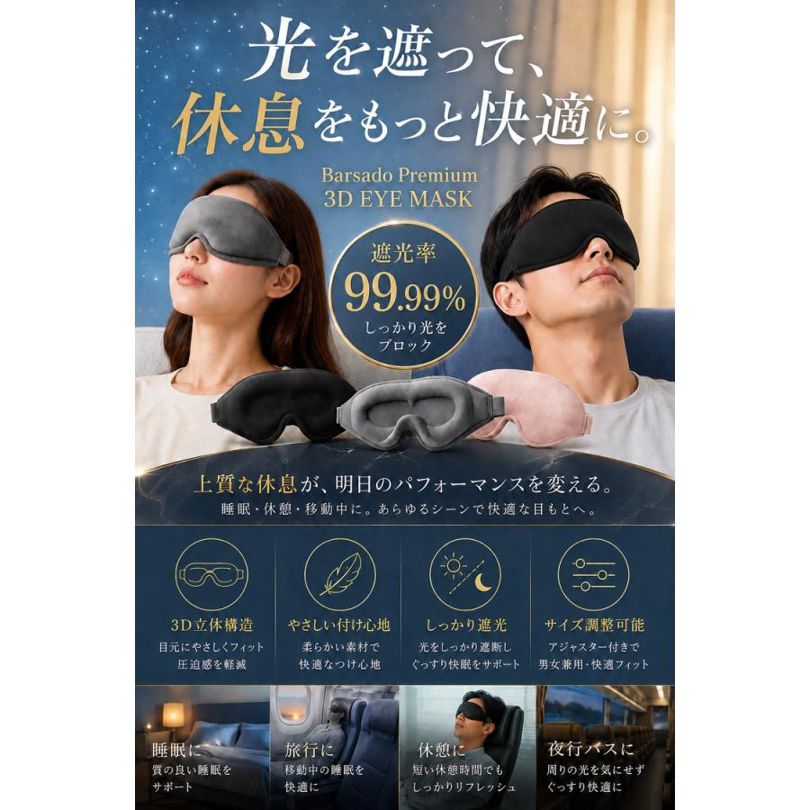 アイマスク 睡眠 ＼3個目99％オフ★2個目半額★1個目20%オフクーポン／ 完全遮光 プレミアム 3D立体 安眠 遮光 男女兼用 旅行 夜行バス【説明書＆収納袋付き】 |  | 02