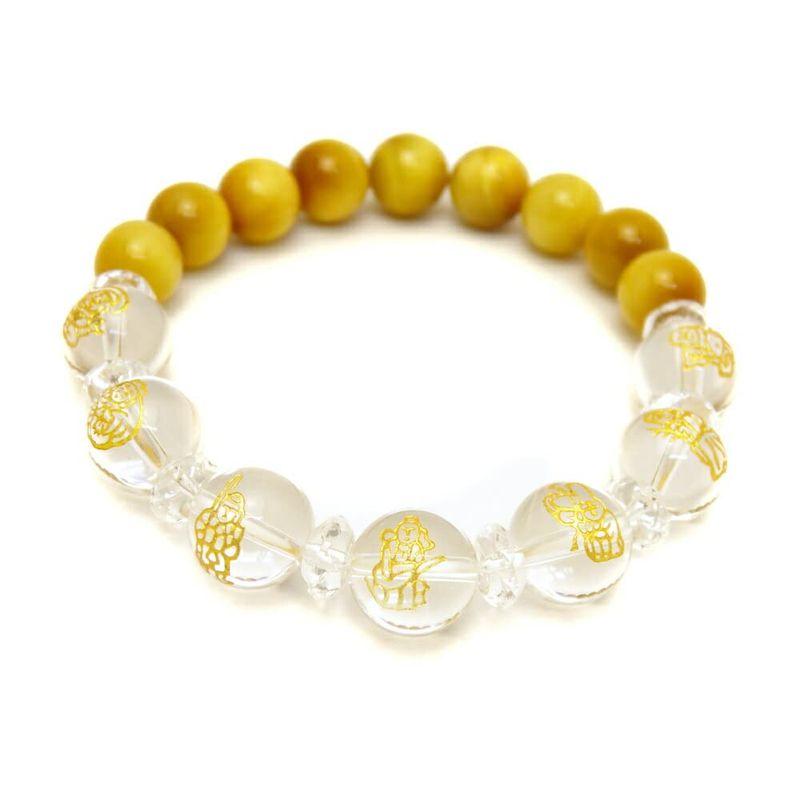 水晶 金彫り 七福神12mm＆ゴールデンタイガーアイ10mm玉オリジナル