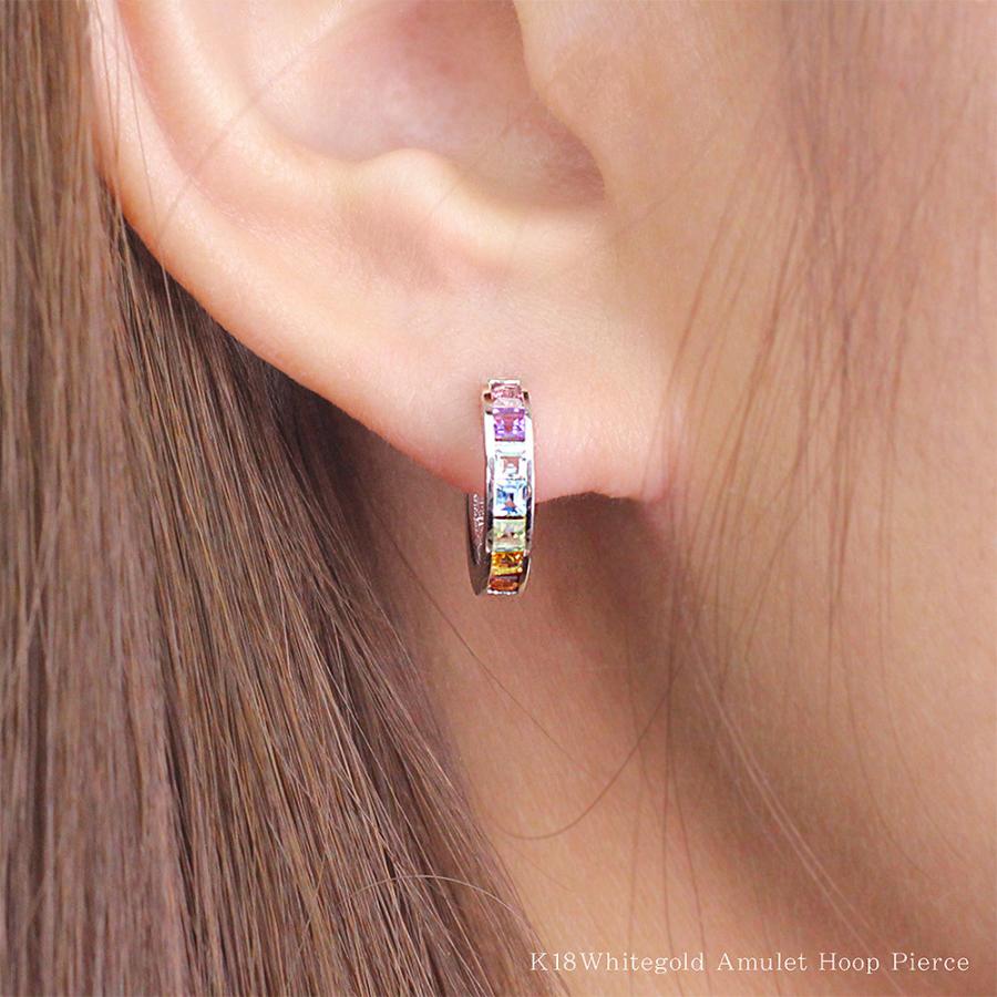 ピアス 18金 フープ 18k フープピアス レディース K18 アミュレット リング ホワイトゴールド プレゼント 誕生日 記念日 輪っか カラフル バースデープレゼントの画像