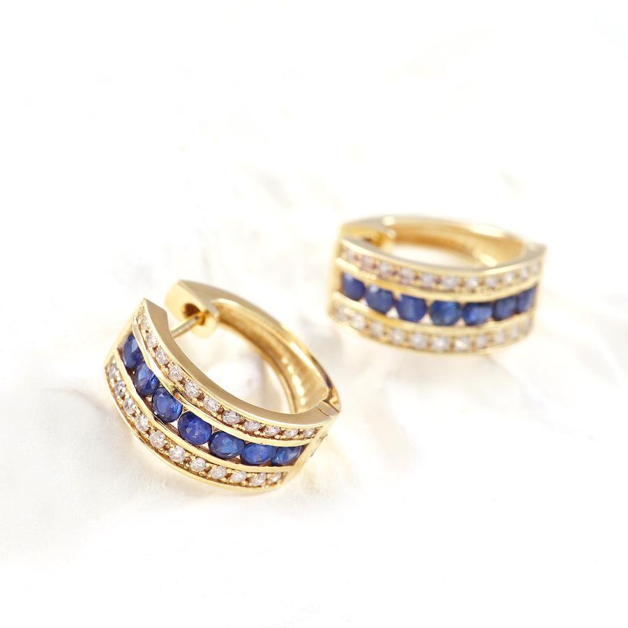 ピアス 18金 フープ 18k レディース K18 サファイア ダイヤモンド イエローゴールド 誕生日 記念日 プレゼント ジュエリー 9月誕生石 青 バースデープレゼントの画像