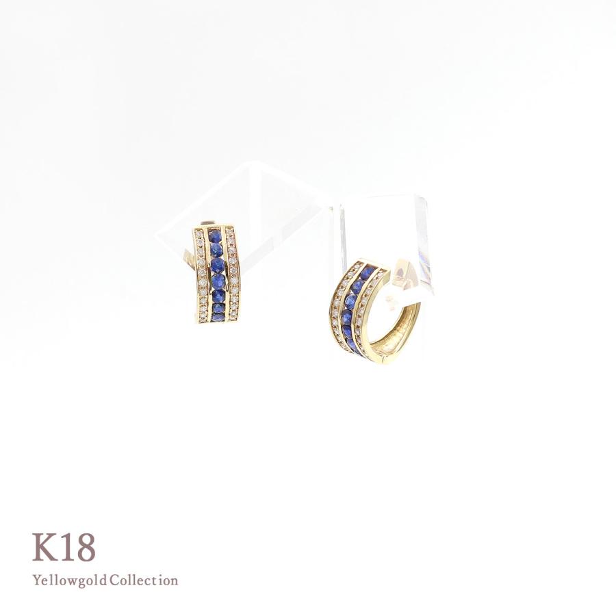 ピアス 18金 フープ 18k レディース K18 サファイア ダイヤモンド イエローゴールド 誕生日 記念日 プレゼント ジュエリー 9月誕生石 青 バースデープレゼントの画像