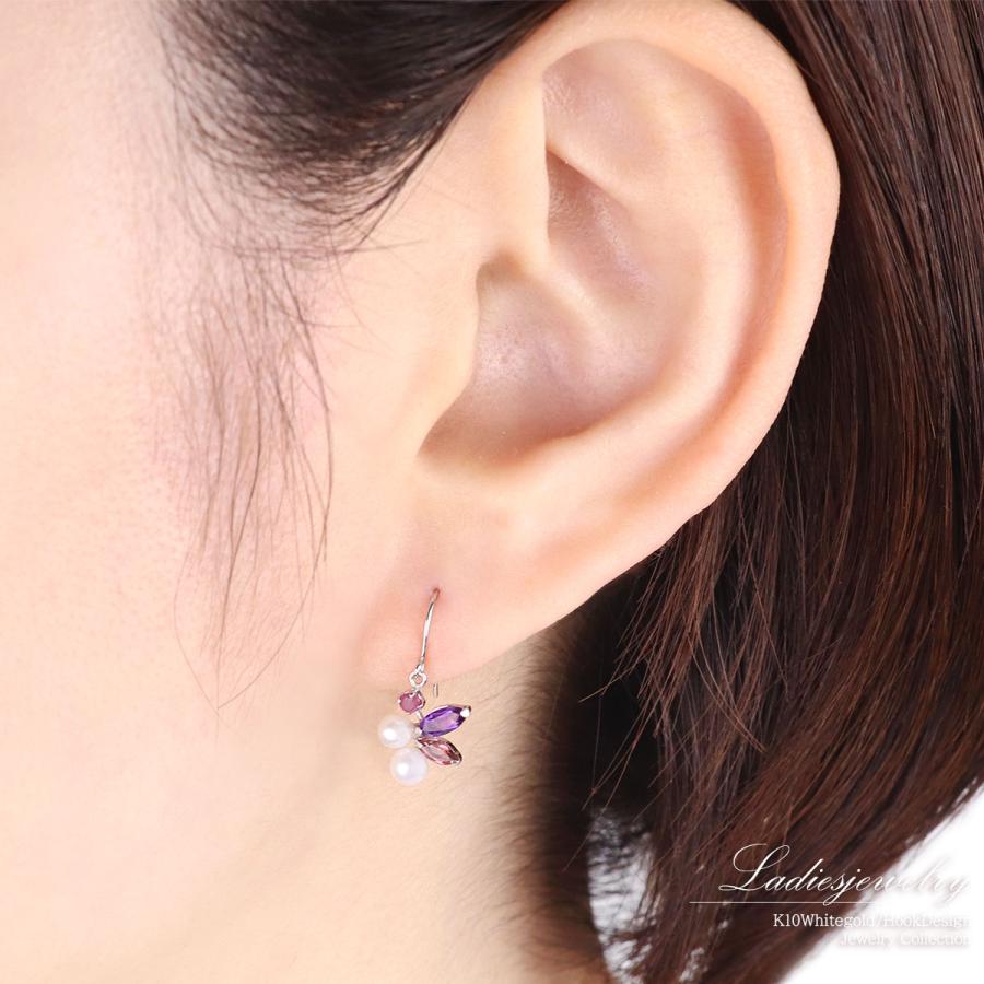 14金ピアス ルビー ピンクトルマリン アメジスト K14ホワイトゴールド