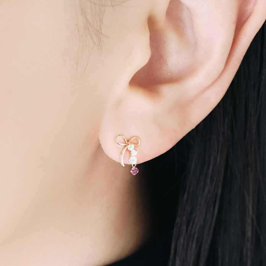 ピンクトルマリン ピアス 18金 リボン 可愛い レディース 18k K18 