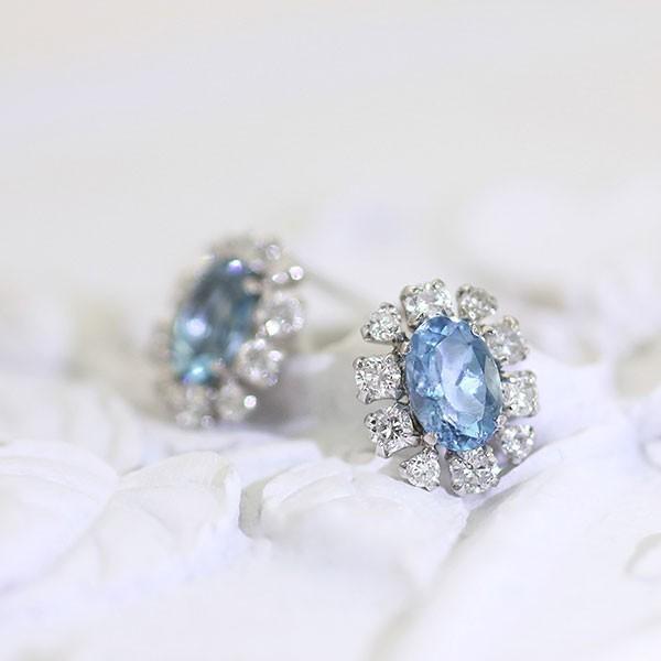18金 ピアス アクアマリン ダイヤモンド K18 プレゼント 18K 女性 彼女 妻 ホワイトゴールド アクセサリー 誕生日 記念日 フラワー バースデープレゼントの画像