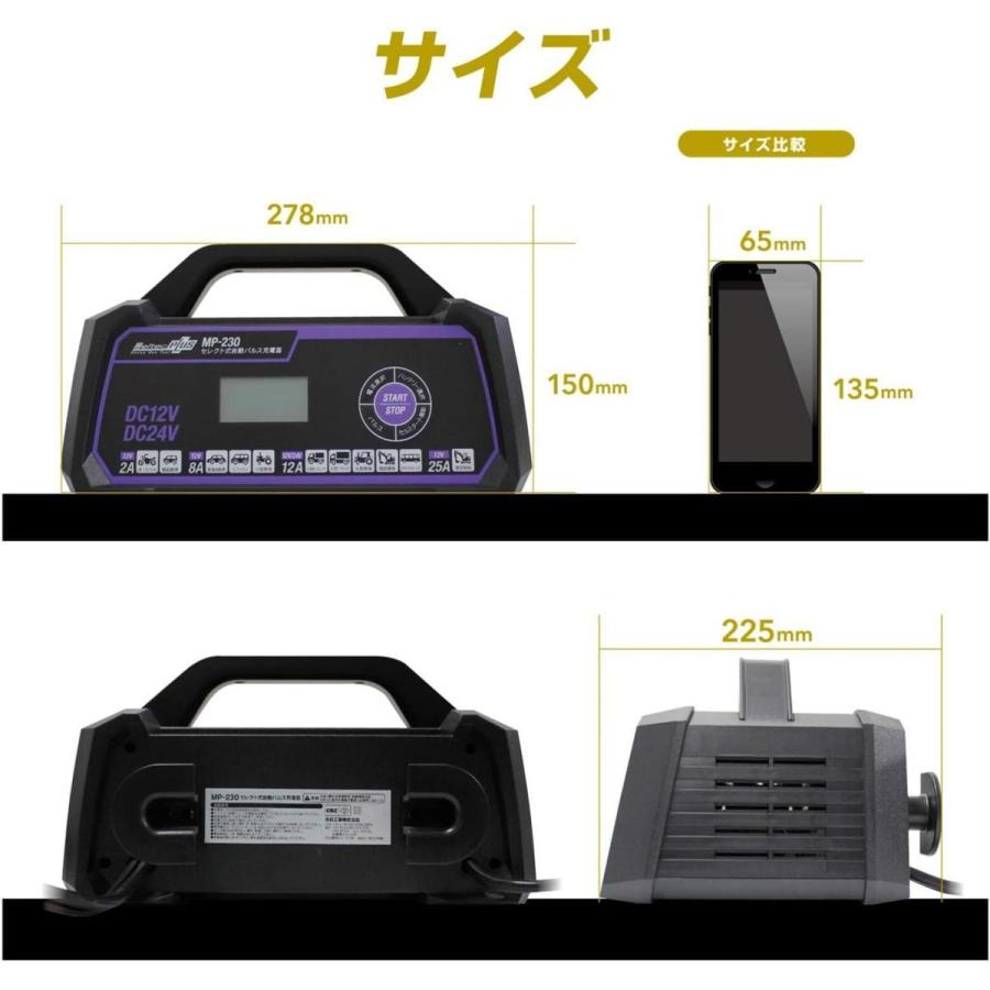 【在庫有・即納】メルテック セレクト式自動パルス充電器 MP-230　オートバイ 大型トラック対応 セルスタート補助機能 大自工業株式会社｜basecamp8｜06