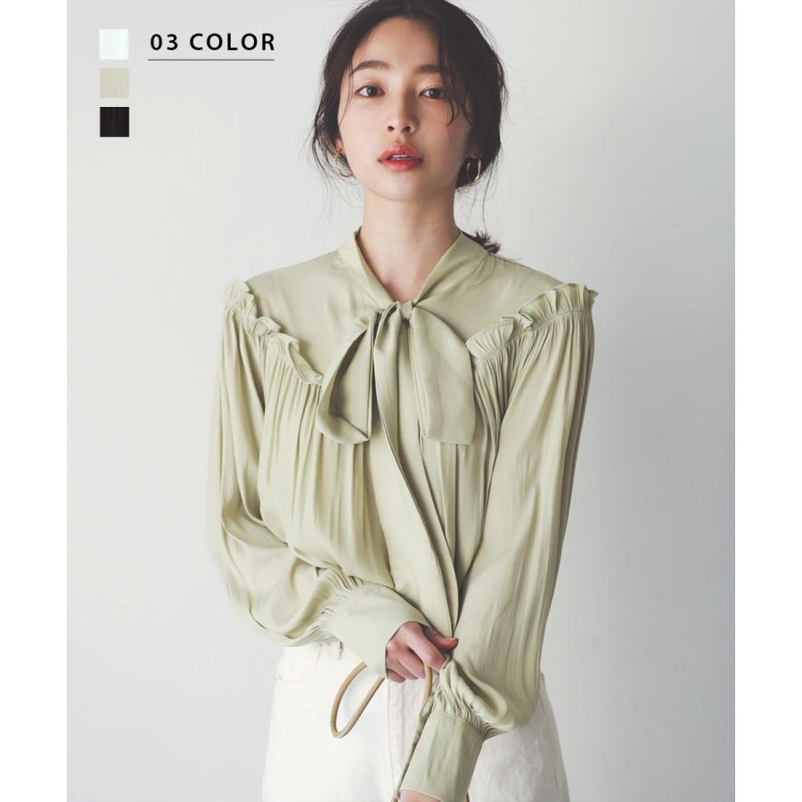 レディース トップス ブラウス 袖フリル フリル リボン Basement